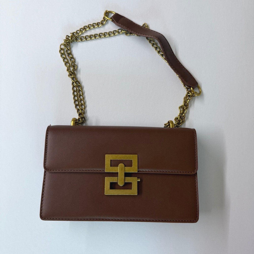 Shein Brown Faux Leather Crossbody Bag Gold Geometric Clasp Chain Strap